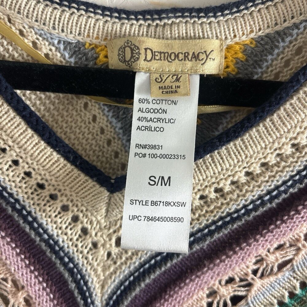 Democracy Multicolor Crochet Knit Poncho Sweater S/M Boho V-Neck Oversized - Picture 4 of 5